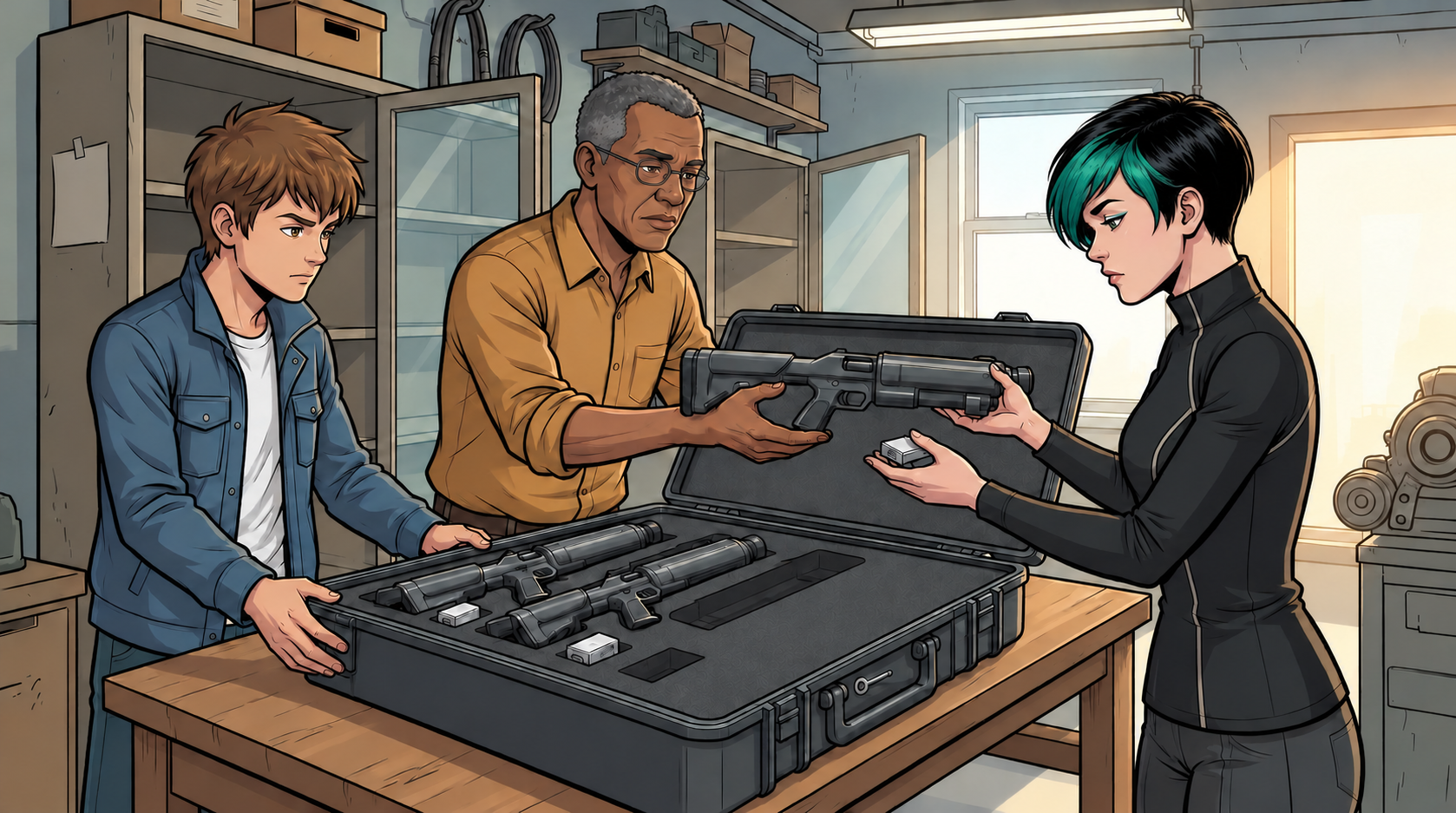 Ivo hands Dexy the final prototype and matching module while Kaz steadies the single transport case.