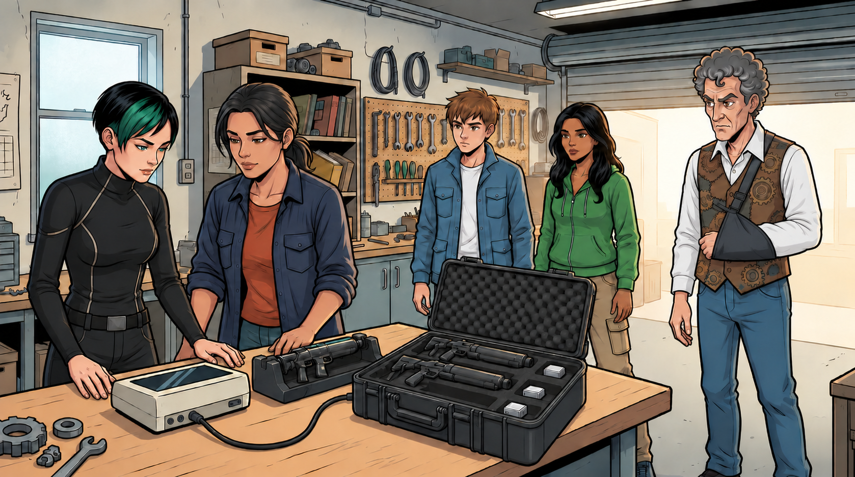 The team gathers at Sella’s workbench to inspect the independent programmer and three uncommissioned units.