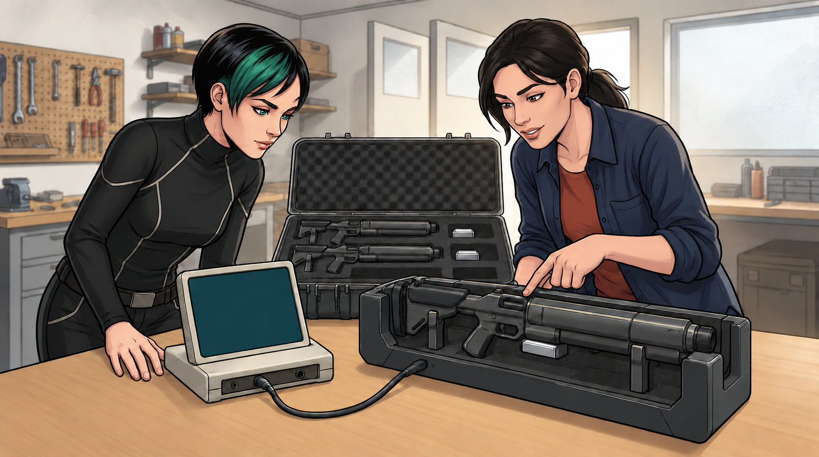 Dexy and Sella inspect one cradled prototype beside the independent commissioning screen.