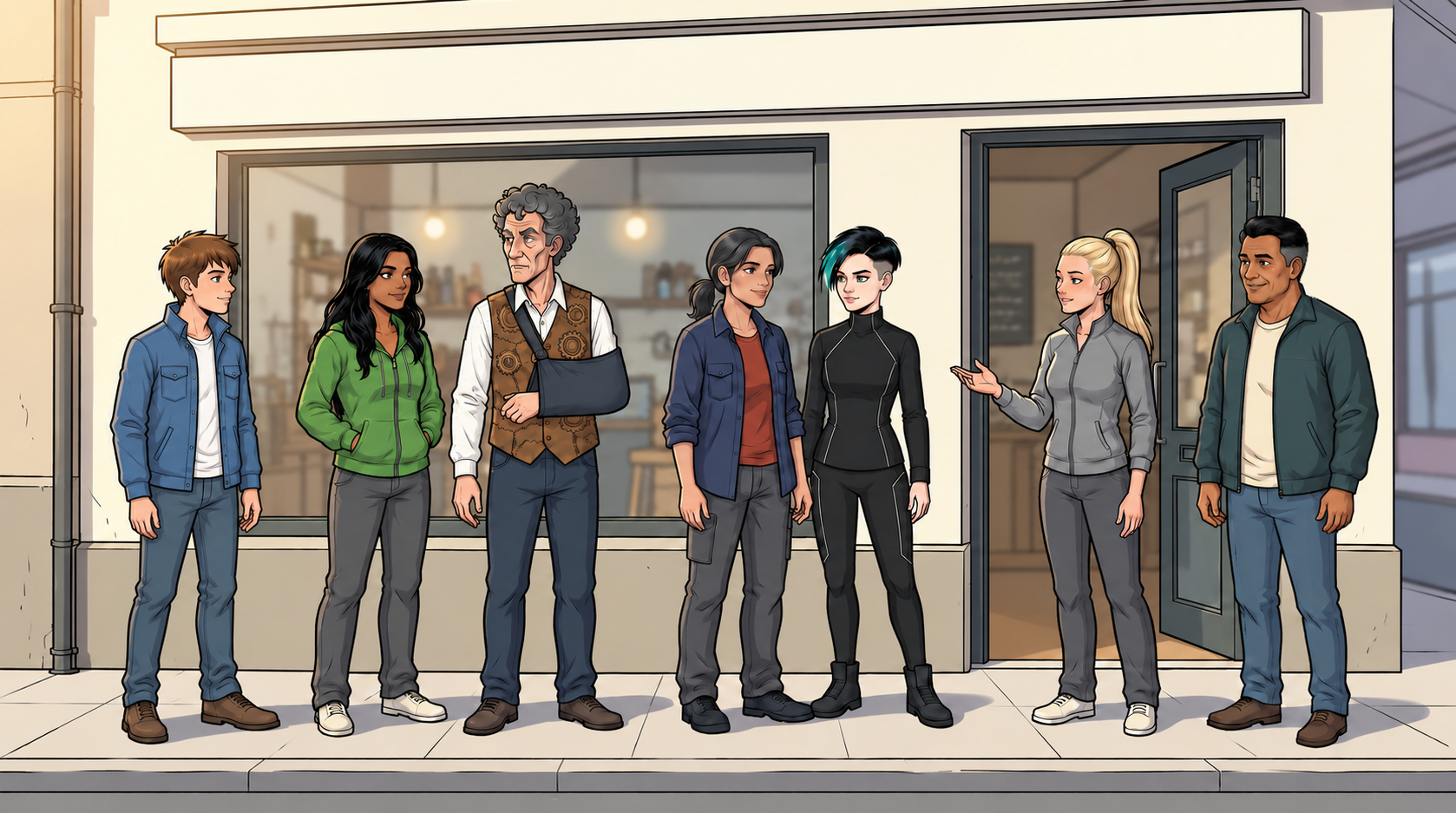 Mina and the older, sturdily built Tavi say goodbye to the team and Sella outside the café.