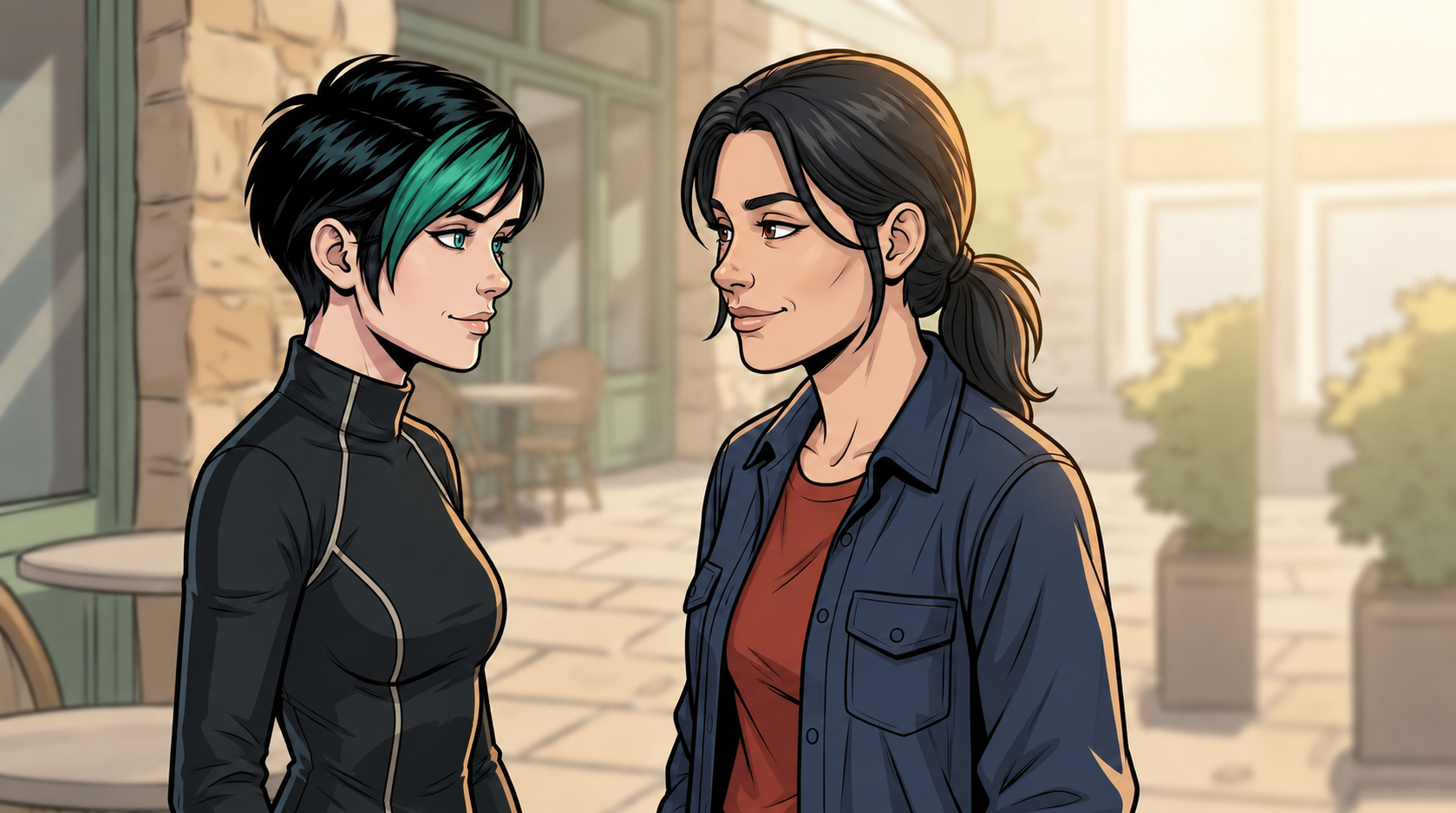 Sella and Dexy exchange a brief personal goodbye beside the café entrance.
