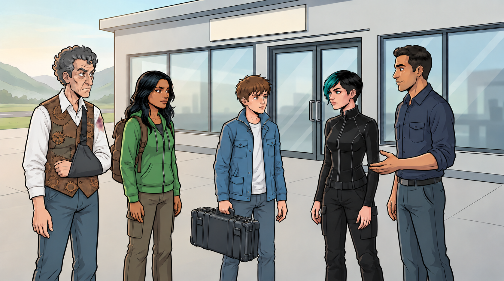 Nolan meets the four returning travellers at Luma airport; Barney remains a passenger with his arm supported.