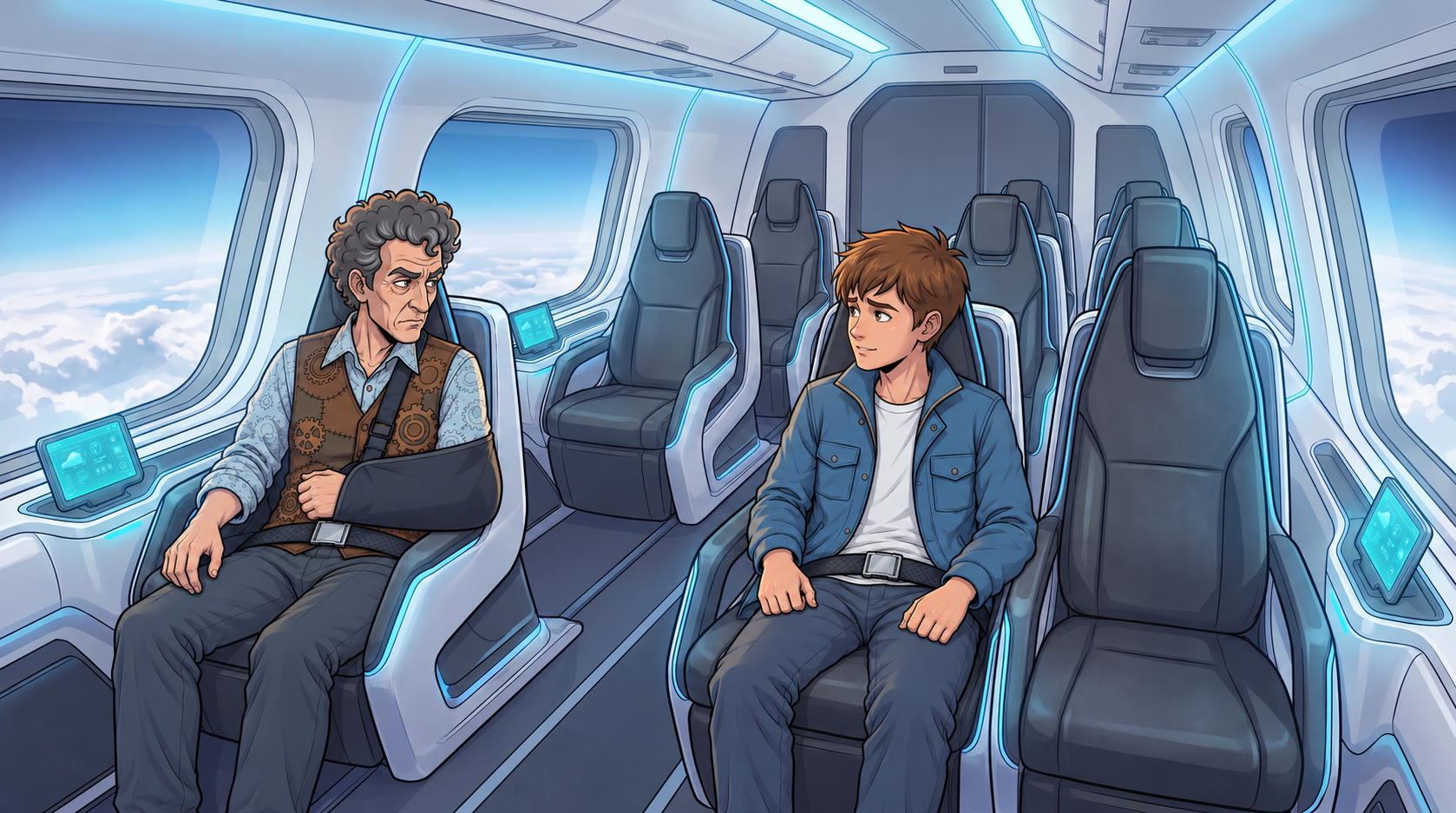 Kaz turns toward Barney across the aircraft aisle as they travel home as passengers.
