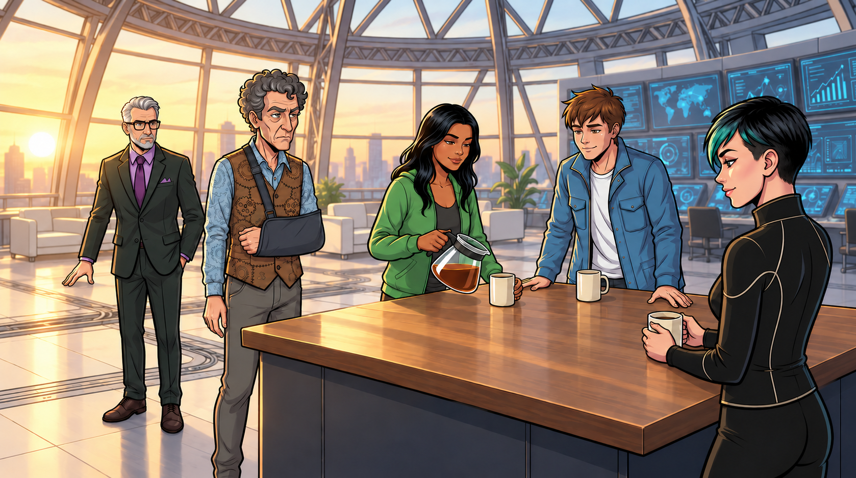 Kaz asks Ketty for more coffee while Barney comments from nearby and the team shares breakfast.