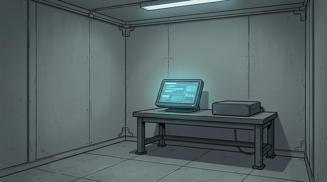 Elsewhere, an empty archival alcove holds a powered terminal and a separate storage chassis.